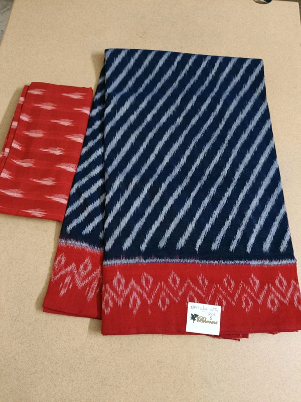 Pure Mercirised Pochampalli Cotton - Navy Blue with red 5