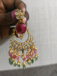 Polki Stone Pendant With Earrings  - Red, vz