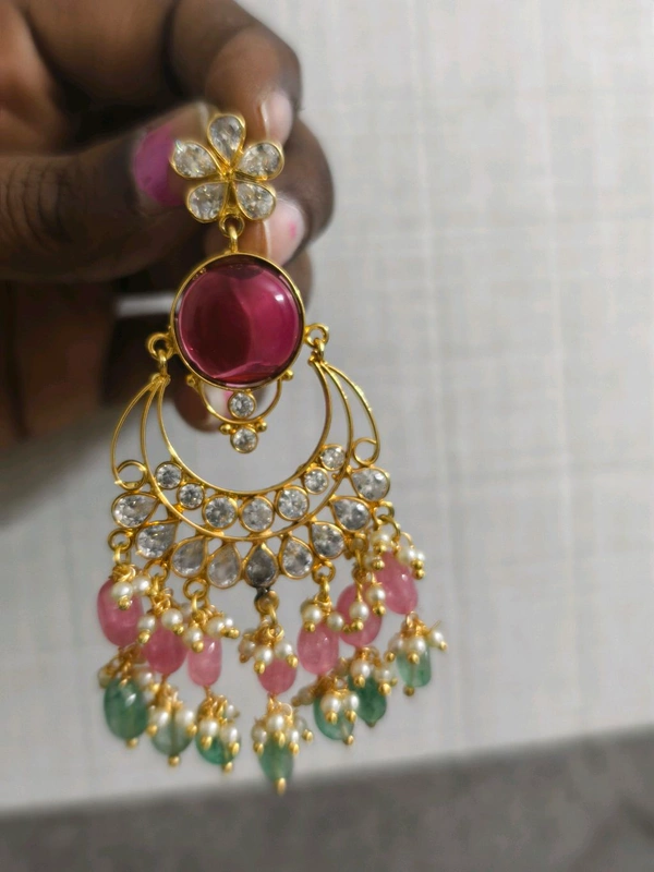 Polki Stone Pendant With Earrings  - Red, vz