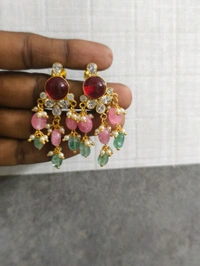 Polki Stone Pendant With Earrings  - Red, vz