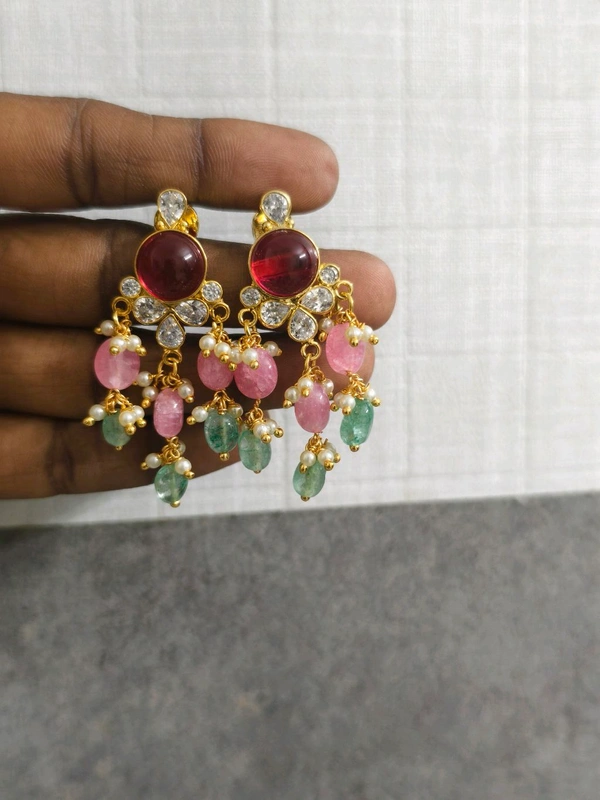 Polki Stone Pendant With Earrings  - Red, vz