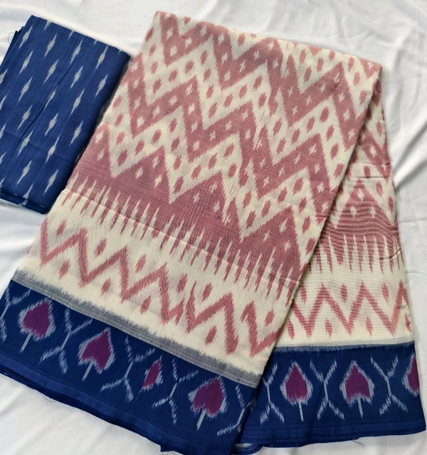 Pure Double Ikkat Mercirised Cotton - cream with blue