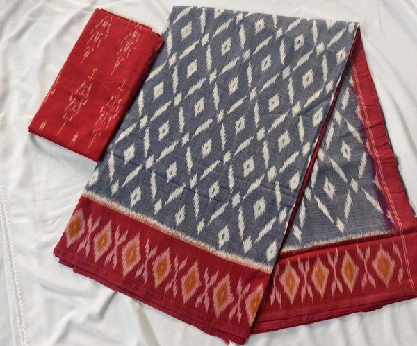 Pure Double Ikkat Mercirised Cotton - cement colour with red