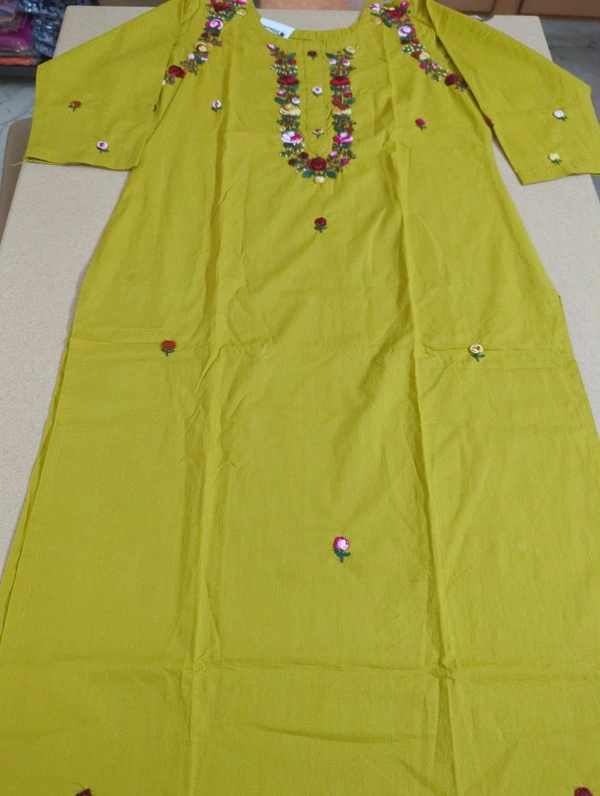 Pure Cotton With Hand Work  - Yellow, 38
