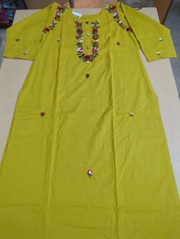 Pure Cotton With Hand Work  - Yellow, 42
