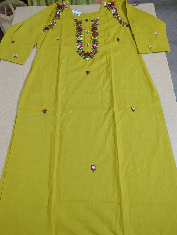 Pure Cotton With Hand Work  - Yellow, 46