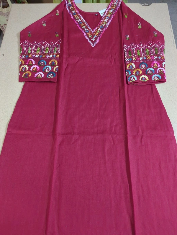 Cotton Lenin With Hand Work - Maroon, 42