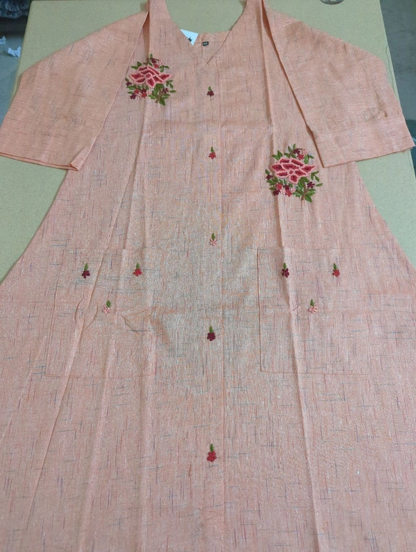 Khadi Cotton A Line Drees  - Peach Orange, 40