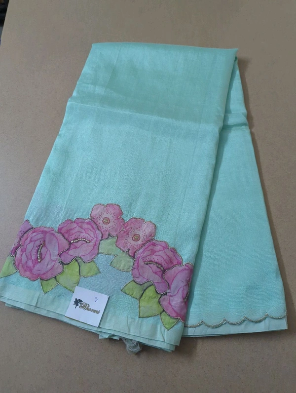 Pure Mangalagiri Pattu With Applique Work - Jungle Mist 2