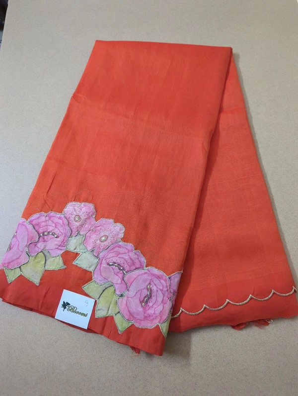 Pure Mangalagiri Pattu With Applique Work - orange 3