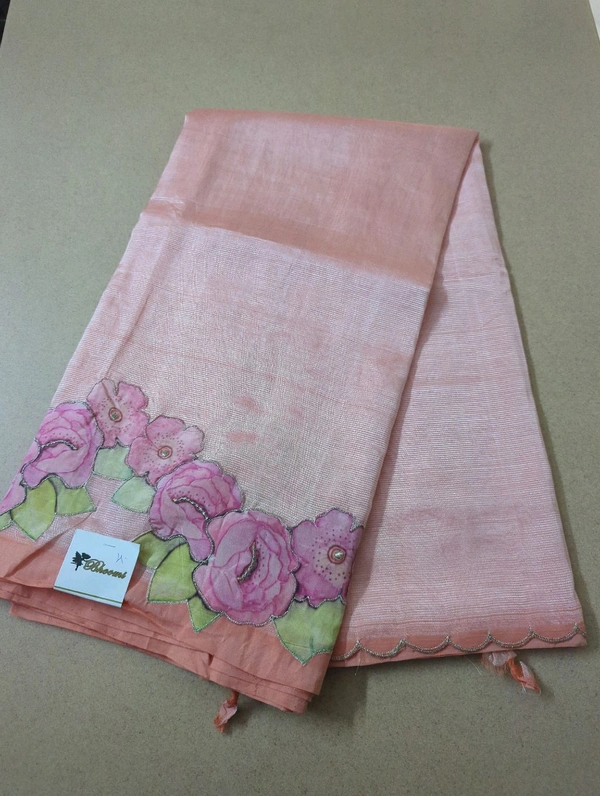 Pure Mangalagiri Pattu With Applique Work - Peach Orange 4