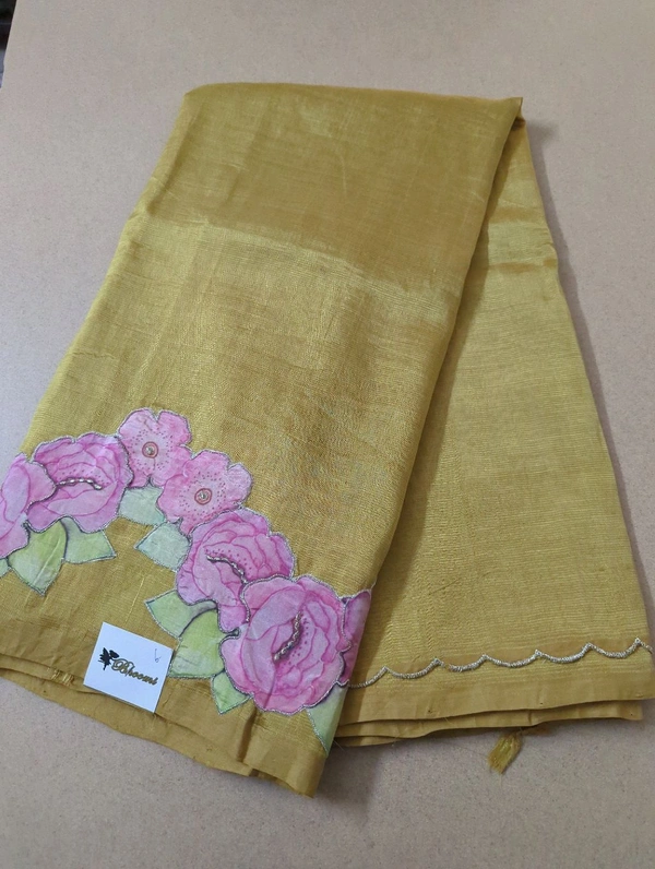 Pure Mangalagiri Pattu With Applique Work - Buddha Gold 6