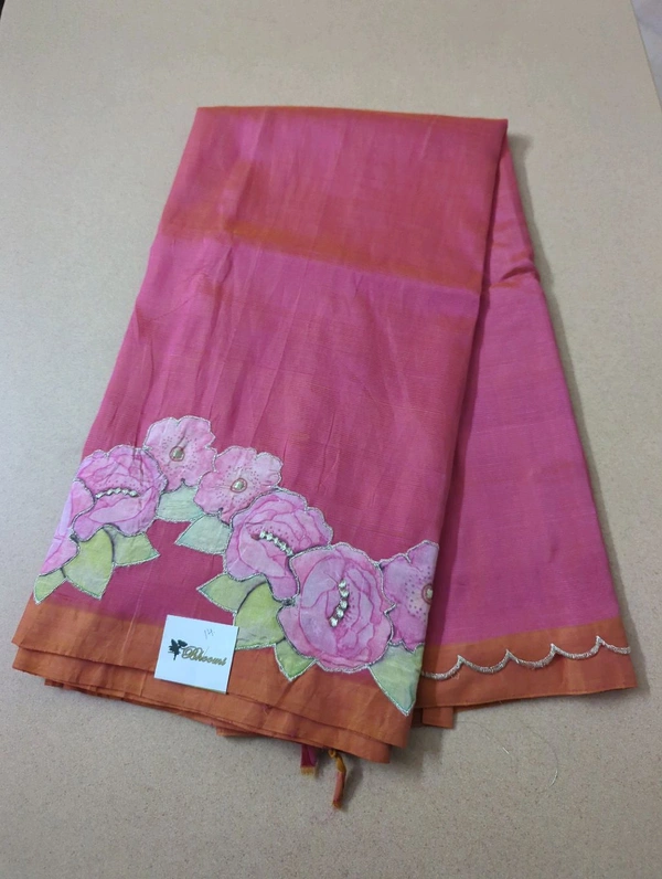 Pure Mangalagiri Pattu With Applique Work - Flush Orange 14