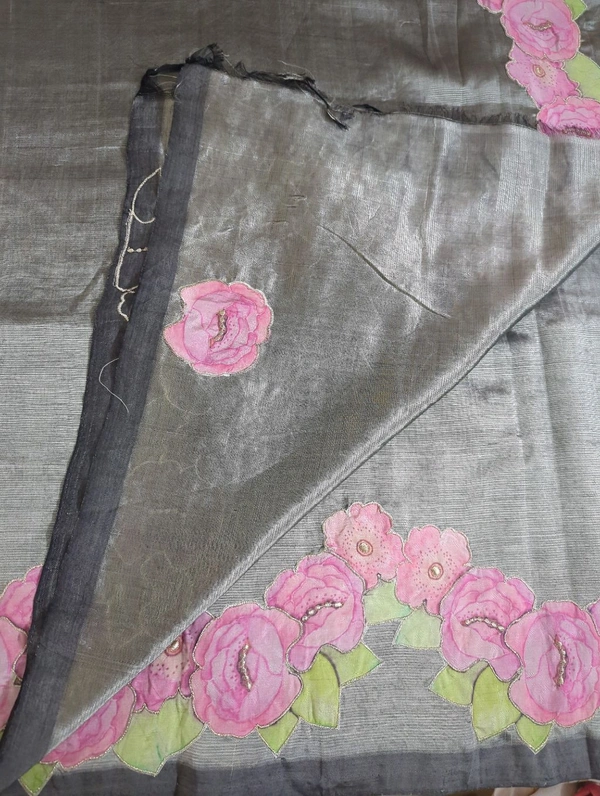 Pure Mangalagiri Pattu With Applique Work - Dove Gray 28