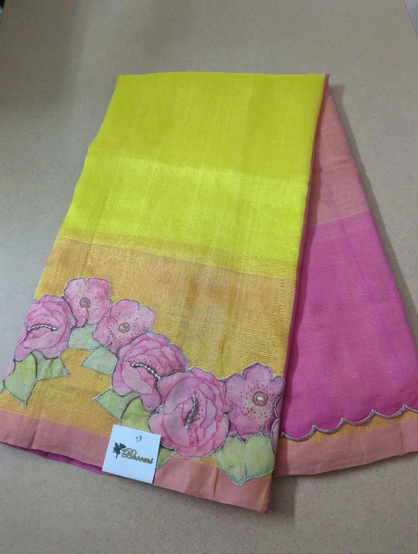 Pure Mangalagiri Pattu With Applique Work - Yellow 29