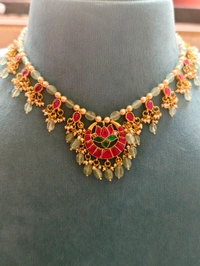Jadau Kundan With Real Beads Neck Chain  - green with Lotus pendant, HD