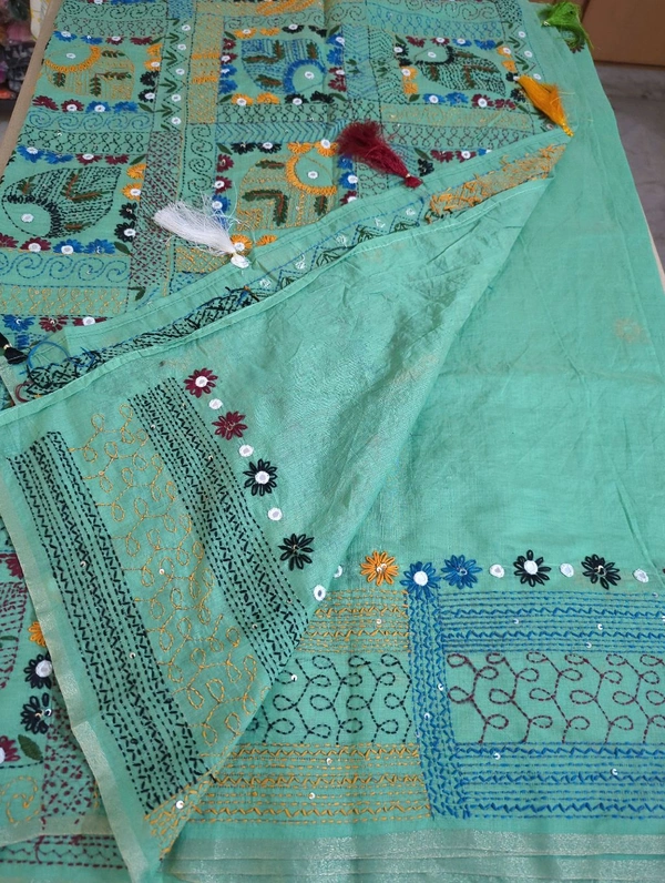 CHANDERI LINEN LAMBANI WORK - Granny Smith Apple