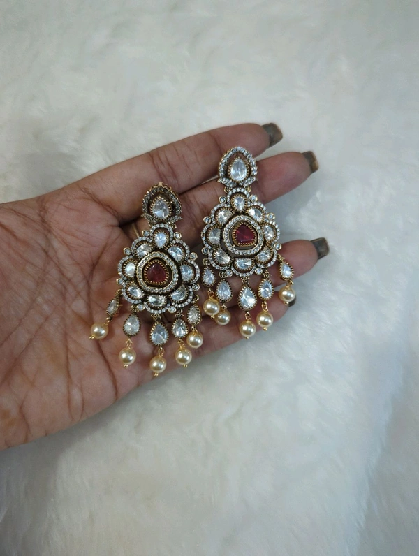 Victorian Partywear Earrings With Mossanites - Red, VZ