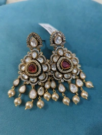 Victorian Partywear Earrings With Mossanites - Red, VZ