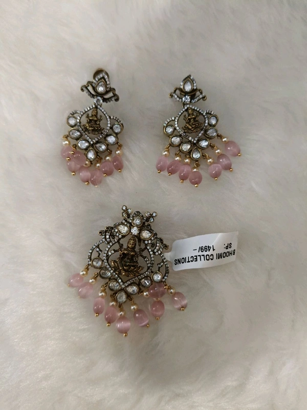 Victorian Pendent Set With Laxmidevi And Real Beads - Pink Lace, VZ