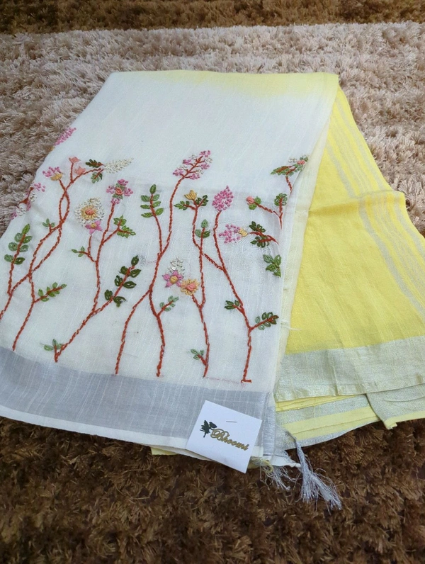 Soft Lenin With Hand Work - Yellow