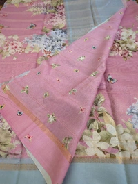 Pure Handloom Chanderi Pattu Digital  - blue