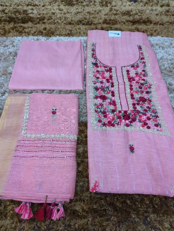 Pure Handloom Lenin Silk Unstitched Suit  - Sundown