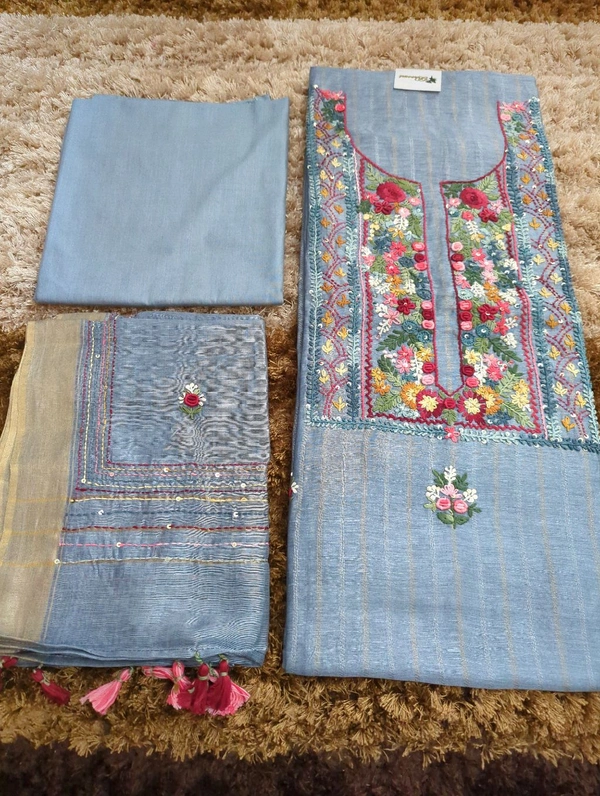 Pure Silk Lenin Unstitched  - blue