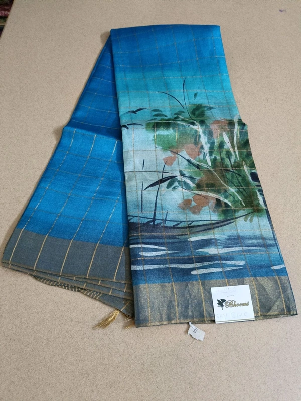 Pure Handloom Tusser Checks  - Jungle Mist