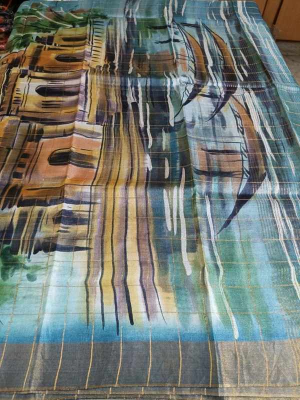 Pure Handloom Tusser Checks  - Jungle Mist
