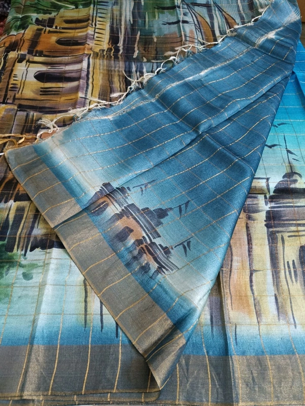 Pure Handloom Tusser Checks  - Jungle Mist