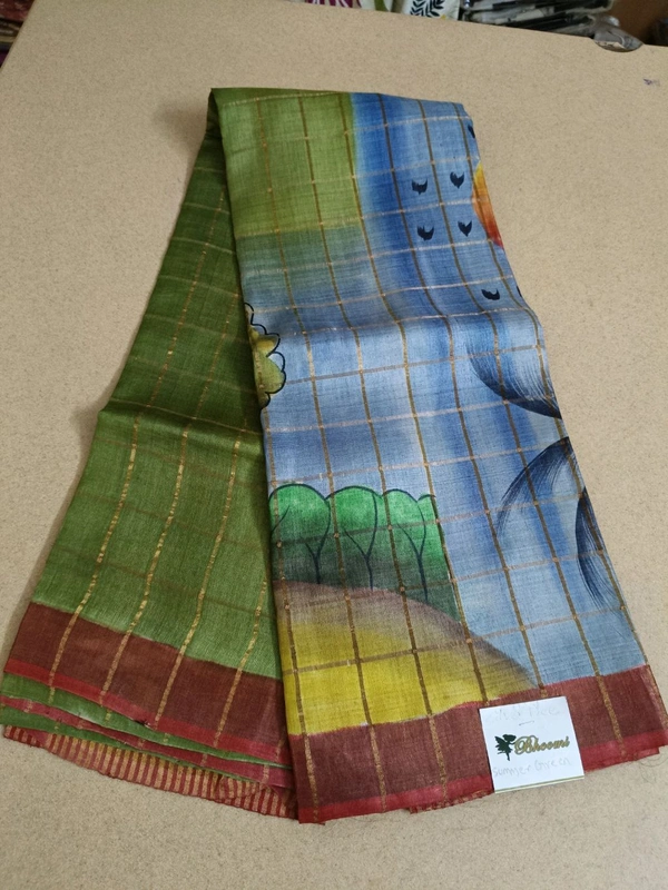 Pure Handloom Tusser Checks  - Summer Green