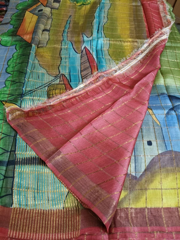 Pure Handloom Tusser Checks  - Summer Green