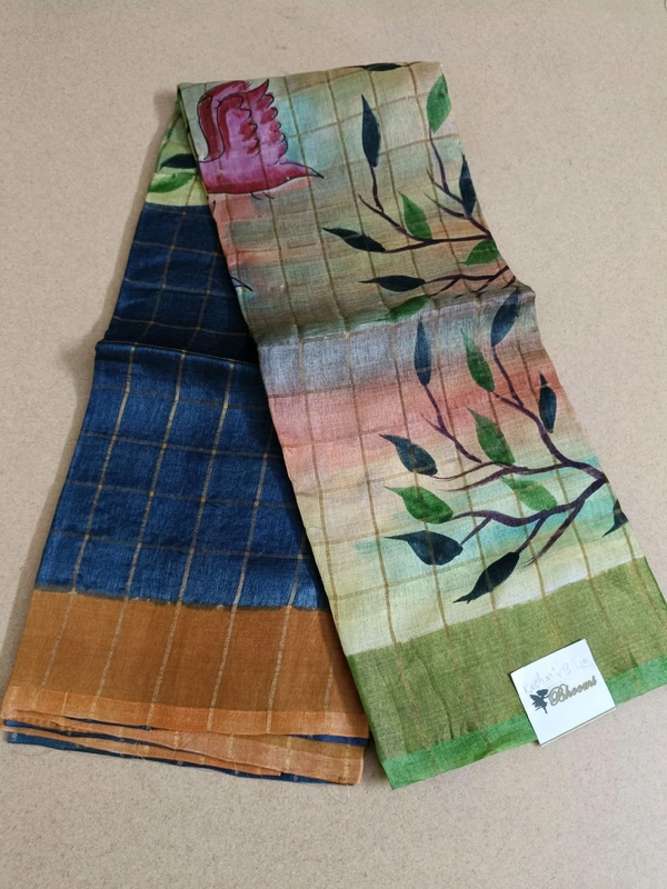 Pure Handloom Tusser Checks  - Kashmir Blue