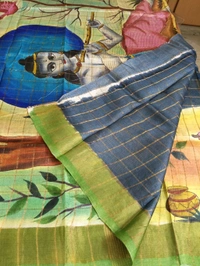 Pure Handloom Tusser Checks  - Kashmir Blue