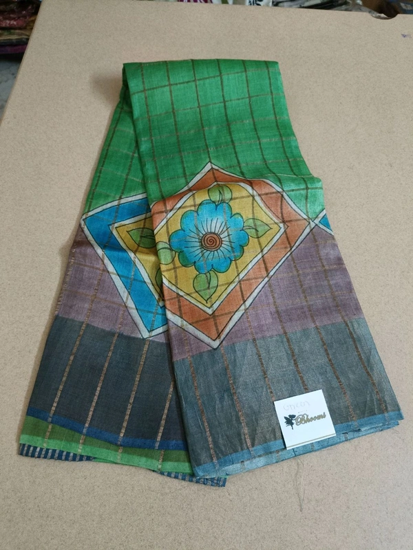 Pure Handloom Tusser Checks  - Green