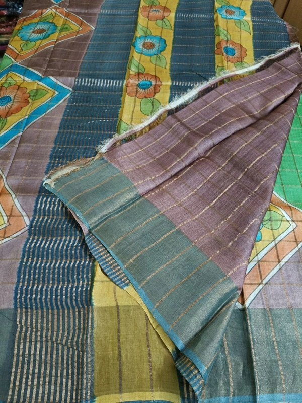 Pure Handloom Tusser Checks  - Green