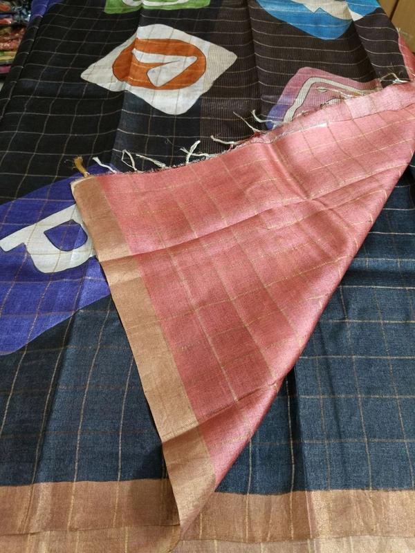 Pure Handloom Tusser Checks  - Black
