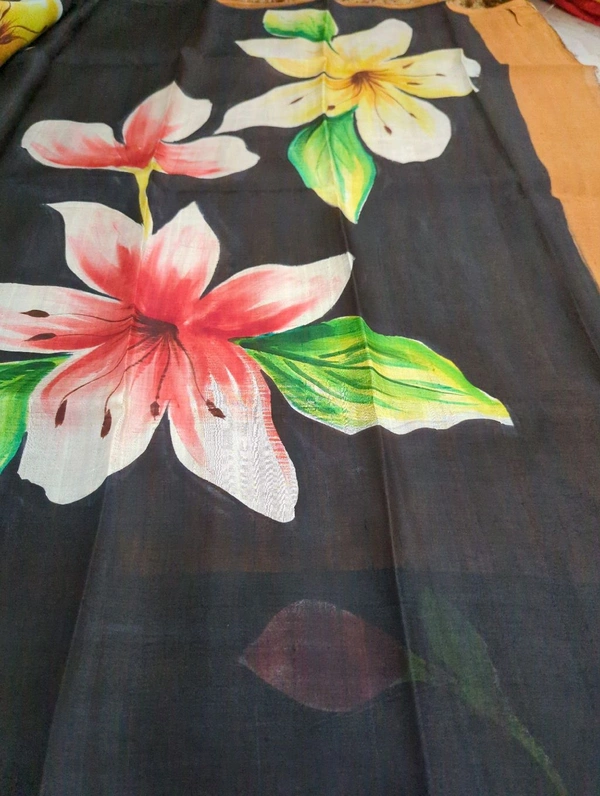 Pure Handloom Tusser Block Print  - Black