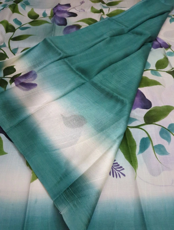 Pure Handloom Tusser Block Print  - teal