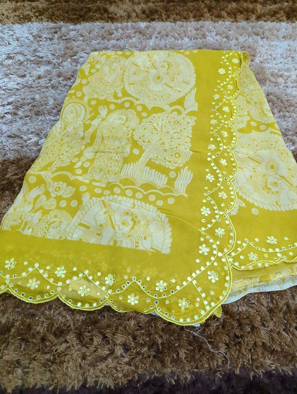 Pure Georgette Mirror Work  - Buddha Gold