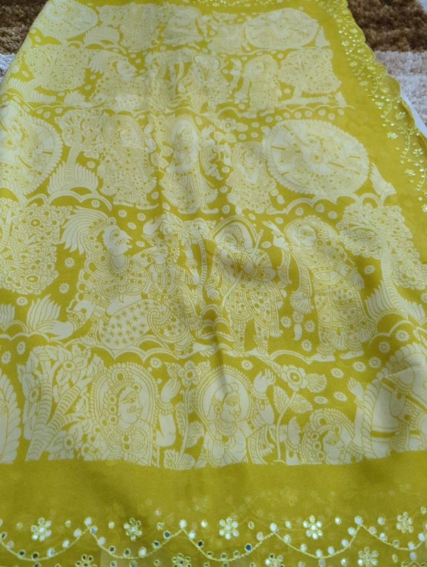 Pure Georgette Mirror Work  - Buddha Gold
