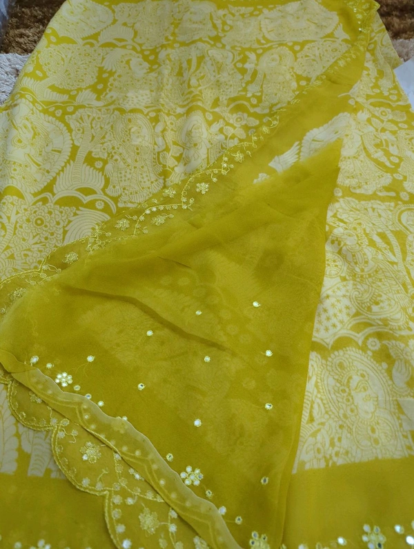 Pure Georgette Mirror Work  - Buddha Gold