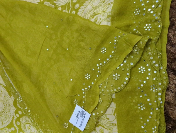 Pure Georgette Mirror Work  - green
