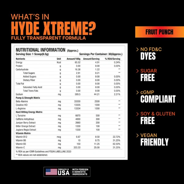 ProSupps Hyde Xtreme Pre Workout 30servings - (195 g), Fruit Punch