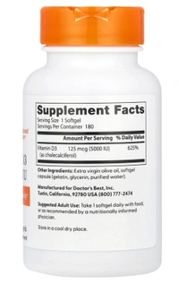 Doctor's Best Vitamin D3, 125 mcg (5,000 IU) - 180 Softgels