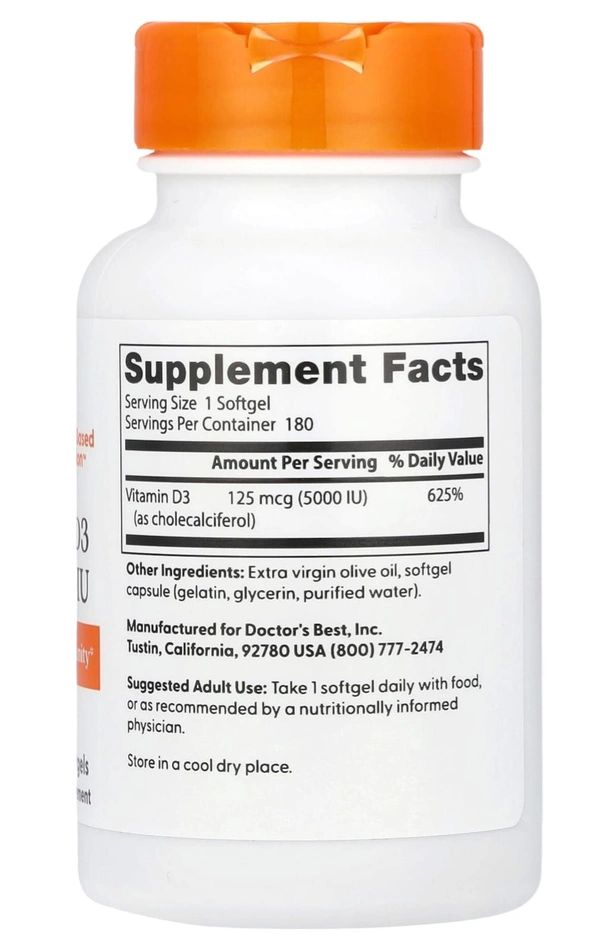 Doctor's Best Vitamin D3, 125 mcg (5,000 IU) - 180 Softgels