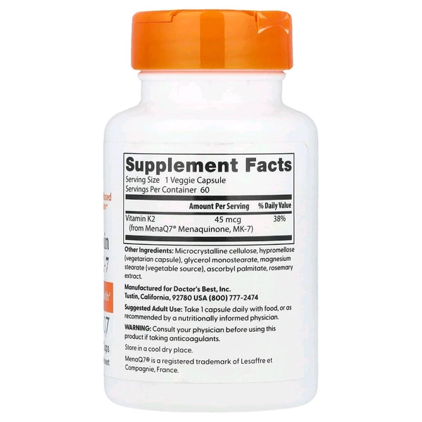 Doctor's Best Natural Vitamin K2 MK-7 , 45 mcg - 60 Veggie Caps