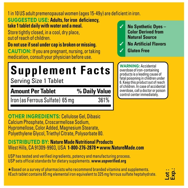 Nature made iron 65 mg (325 mg Ferrous Sulfate) - 180 tablets