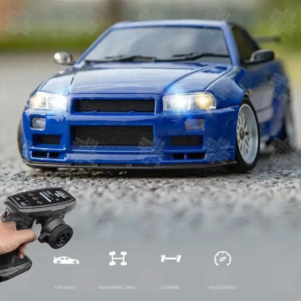 KW High Speed LDRC 1899 1/18 GTR R34 Drift RC Car with Custom 150 Motor and Metal Body Full Proportional Control RWD 2.4G Model - Ultramarine